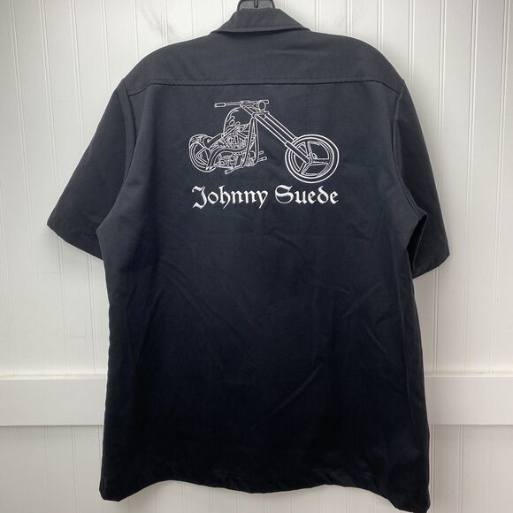 Johnny Suede Button Up Shirt Mens L Black Embroidered Motorcycle Biker USA EUC - Picture 1 of 10